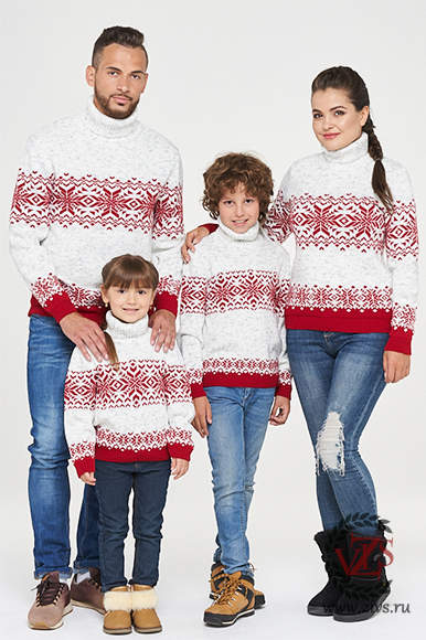 Семейные свитера "снежный" красный 3шт